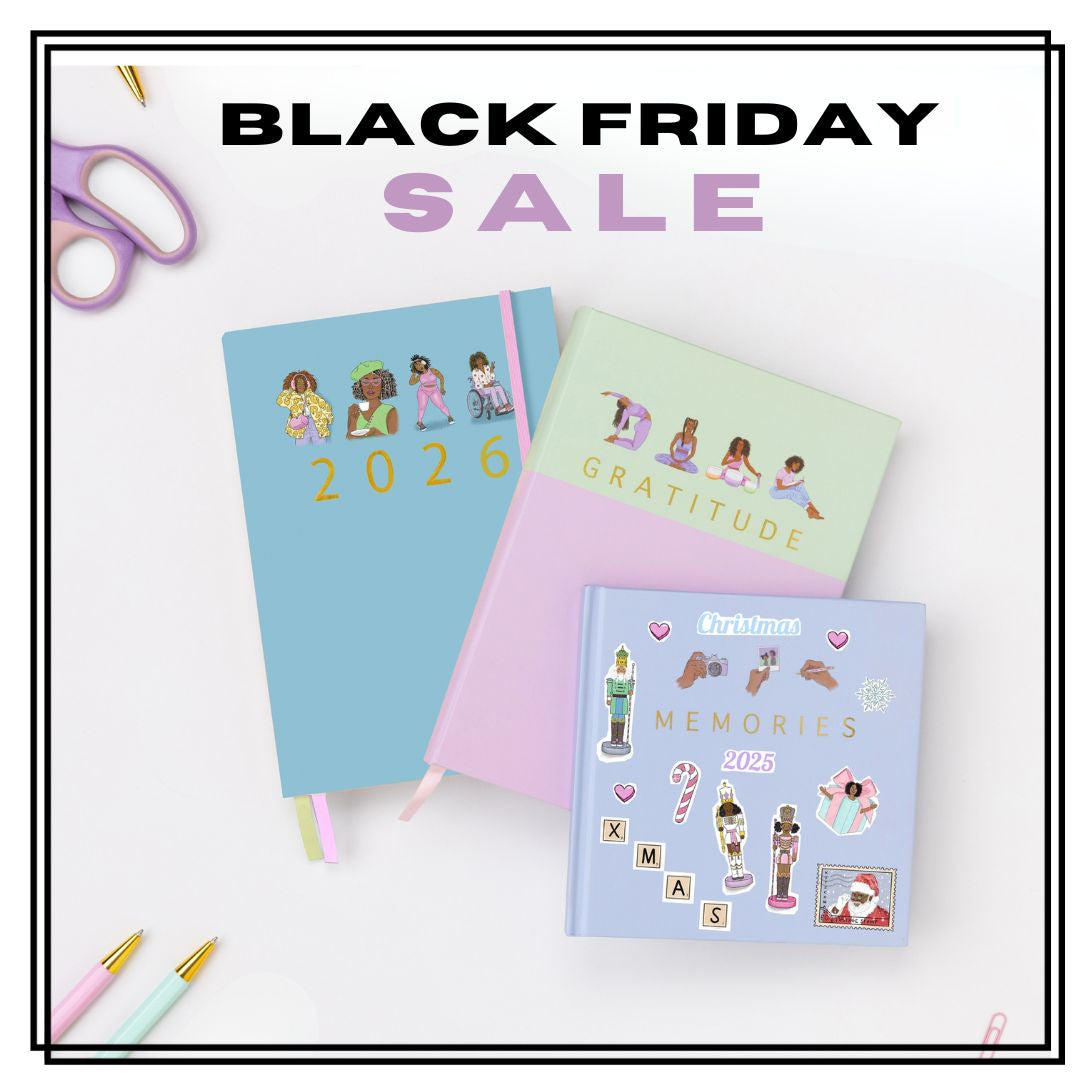 Three notebooks with colorful covers and text on a white background with 'Black Friday Sale' text.