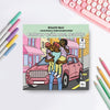 Coloring book titled 'Colour with me, Daddy' by KitsCH Noir on a white surface with colored pencils.