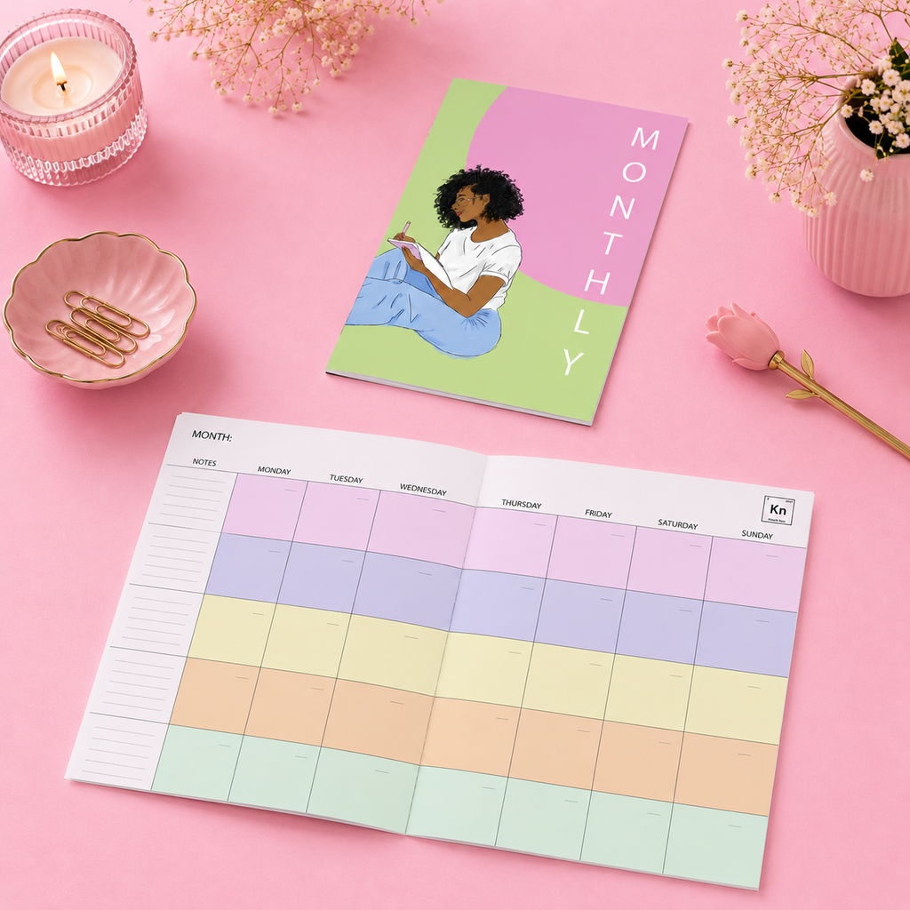 A pastel monthly planner and matching monthly notepad are arranged on a pink surface with decorative props including a candle, paper clips, flowers, and a pink rose stem. The planner page shows a weekly layout in soft pastel blocks and includes the brand mark 'Kn' in the top right.