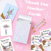 A pink flat-lay product photo showing a boxed set of thank you teacher cards, with several sample cards arranged around an open card box. White text on the image reads '5 pack of Thank You Teacher Cards.