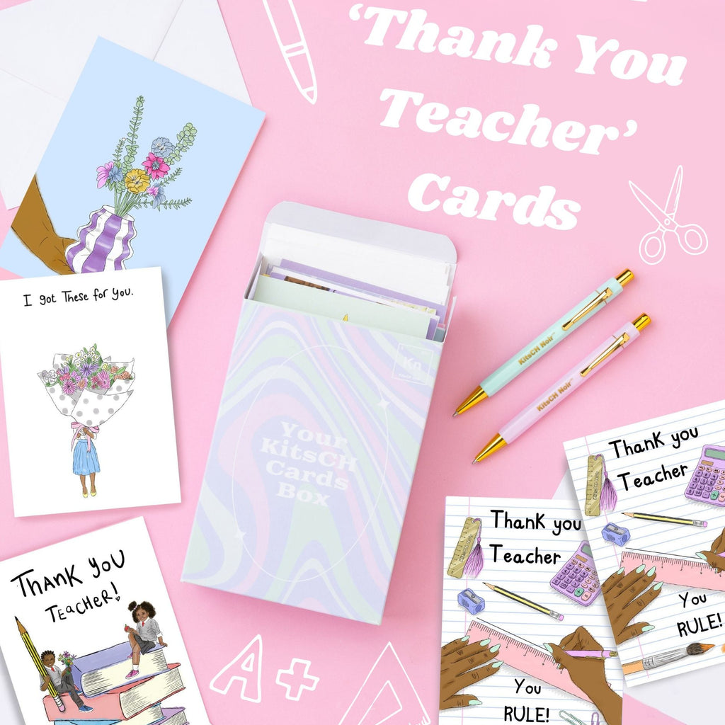 A pink flat-lay product photo showing a boxed set of thank you teacher cards, with several sample cards arranged around an open card box. White text on the image reads '5 pack of Thank You Teacher Cards.